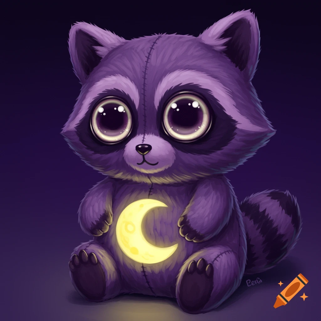 A cute purple plush raccoon with a glowing yellow moon on its chest and large glowing eyes.