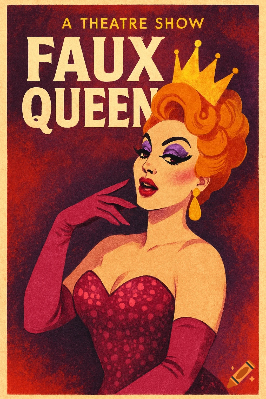 Retro theatre poster for Faux Queen show, featuring a person in drag makeup, crown, and gloves.