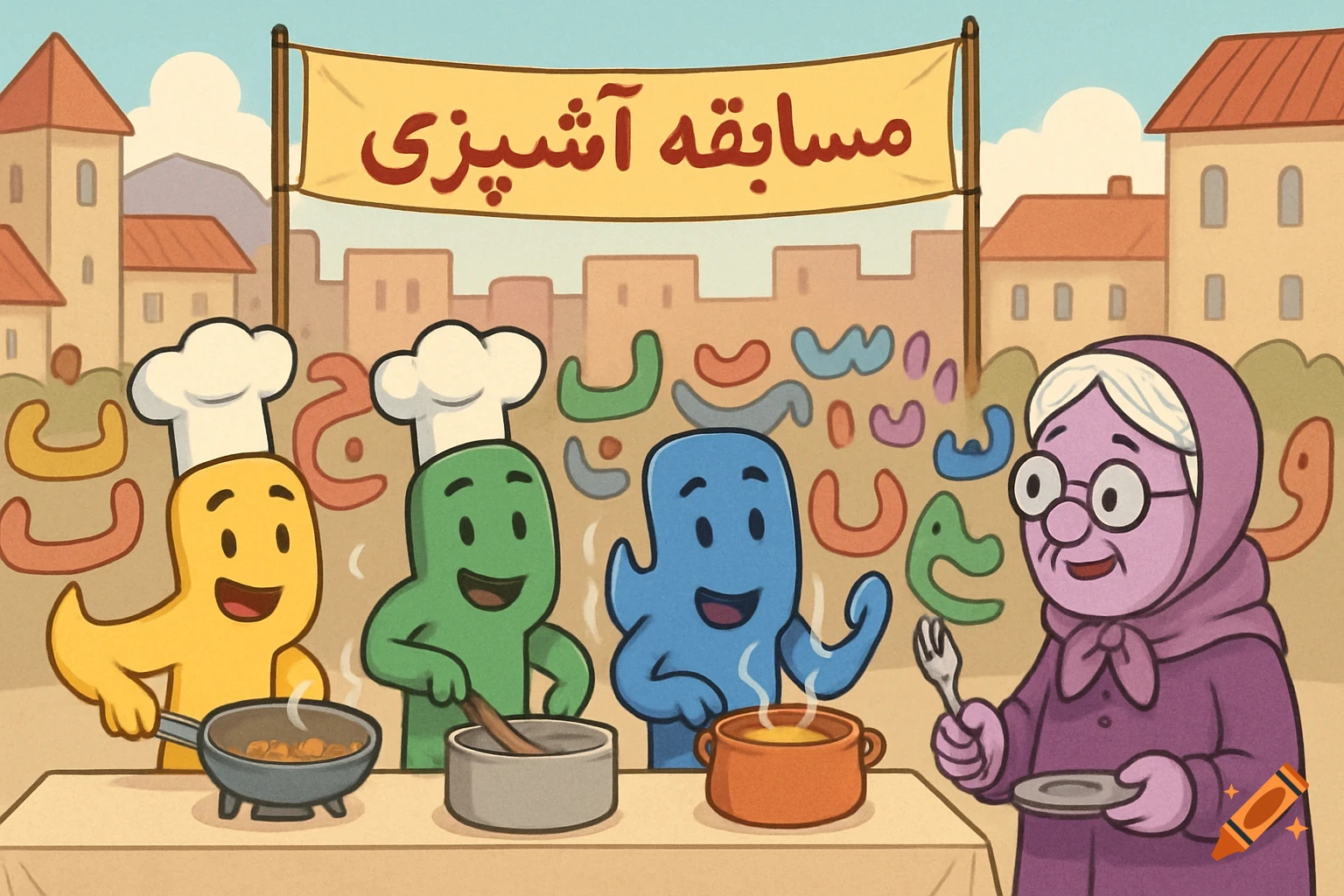 Cartoon of stylized letter characters cooking in a competition, judged by an older woman. A banner above reads "Cooking Competition" in Persian.