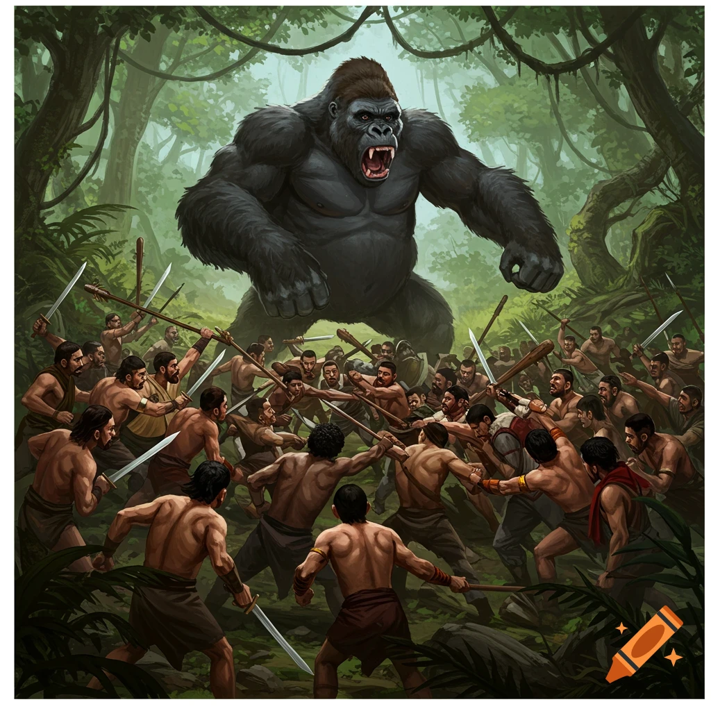 Giant gorilla battles numerous men with swords and spears in a lush jungle, action-packed illustration.