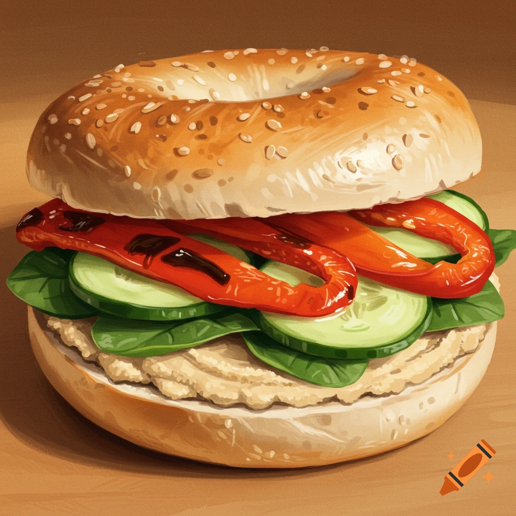 A close-up illustration of a bagel sandwich filled with hummus, spinach, cucumber, and roasted red peppers.