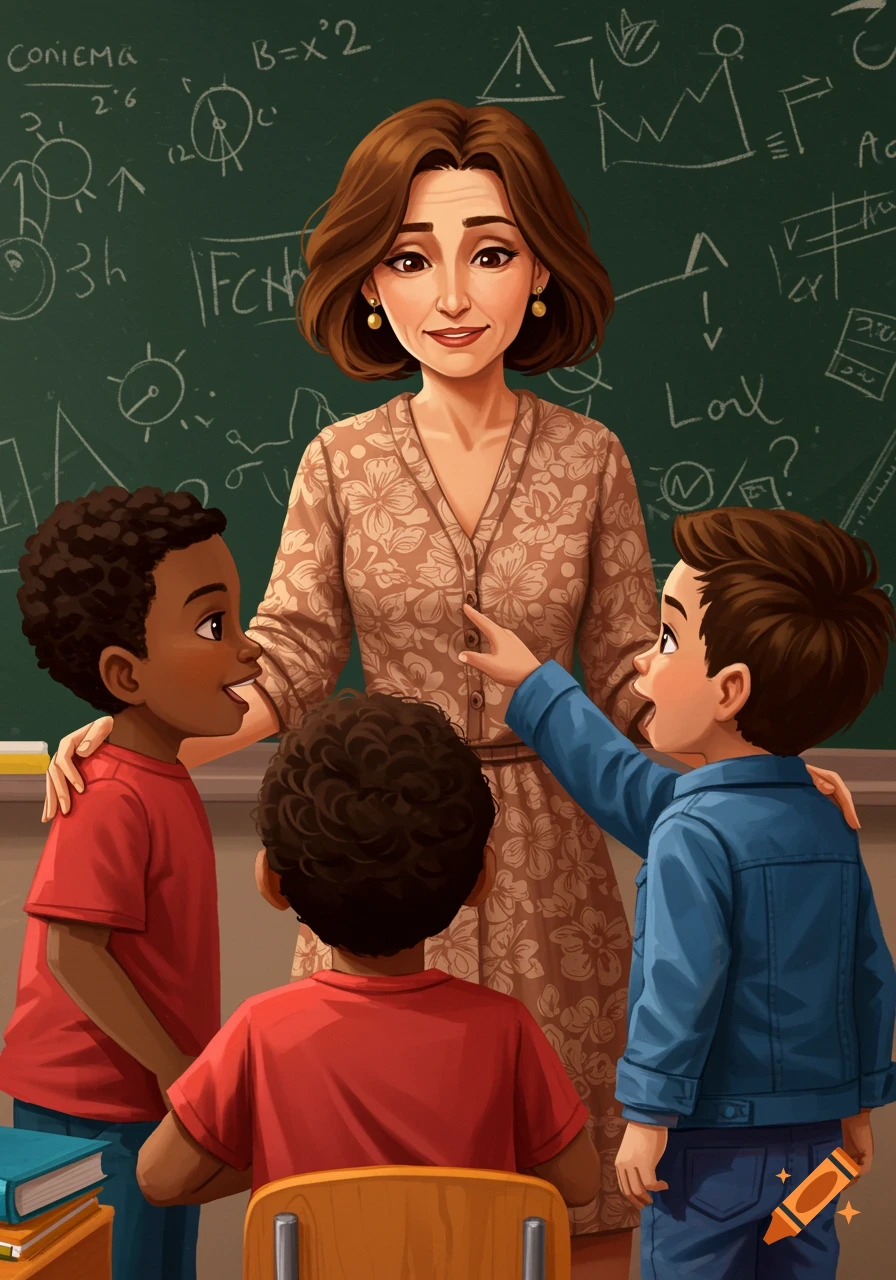 Illustration of a teacher interacting with young boy students in a classroom.