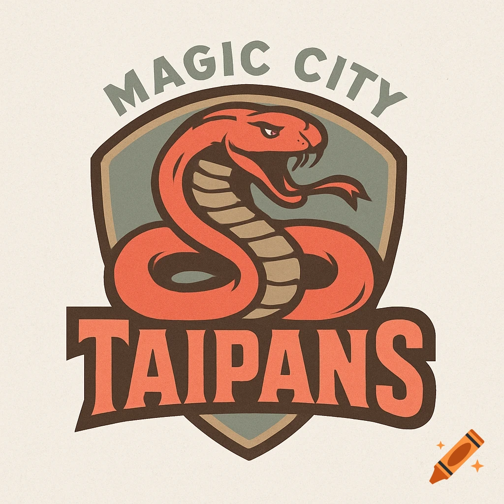 Retro logo with a coiled orange snake in a shield and text 'Magic City Taipans'