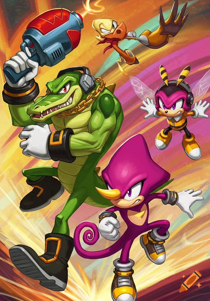 Cartoon illustration of a green alligator, purple chameleon, bee, and duck-like character posing dynamically.