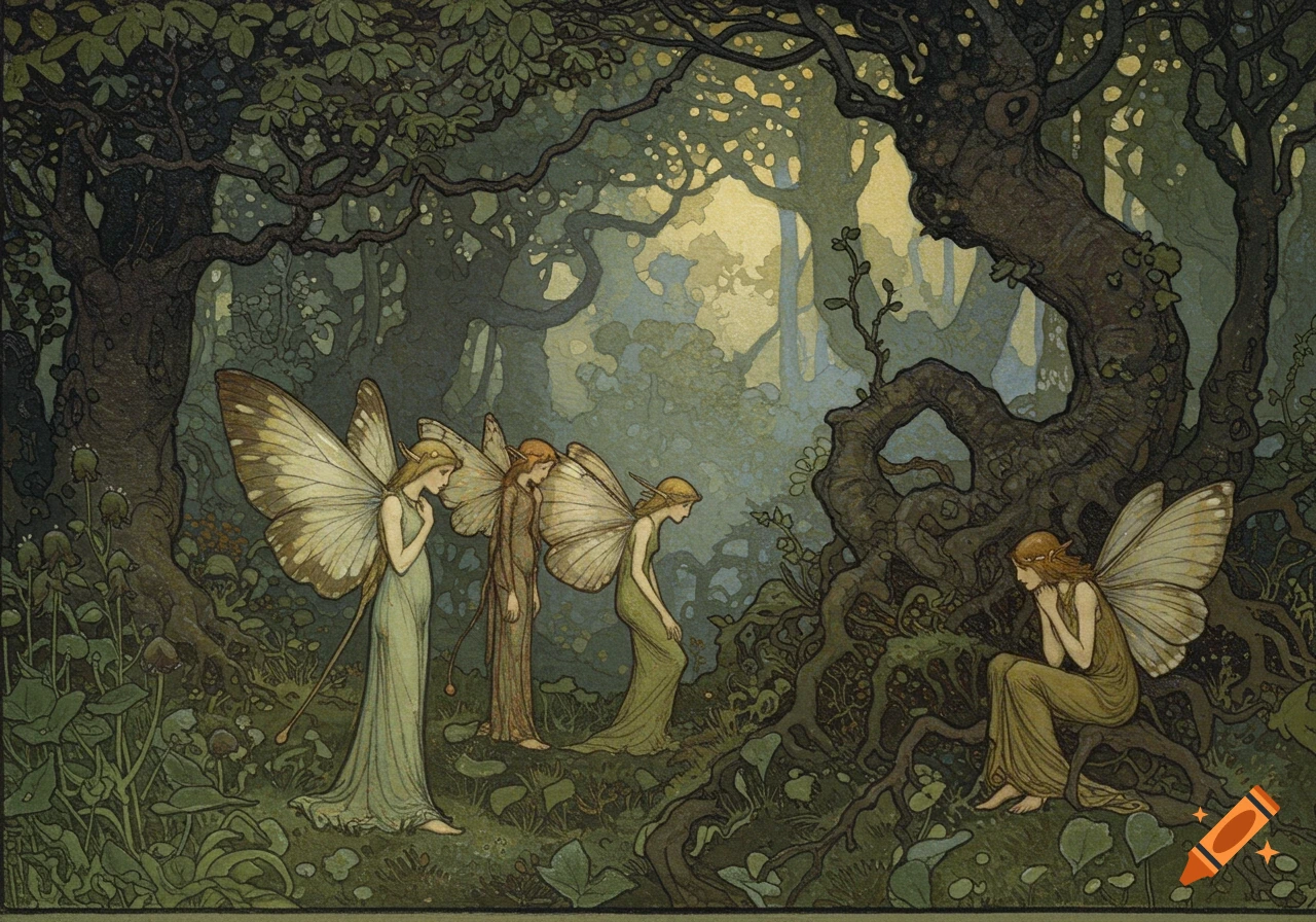 A painting of fairies in a dark forest, Arthur Rackham style. on Craiyon