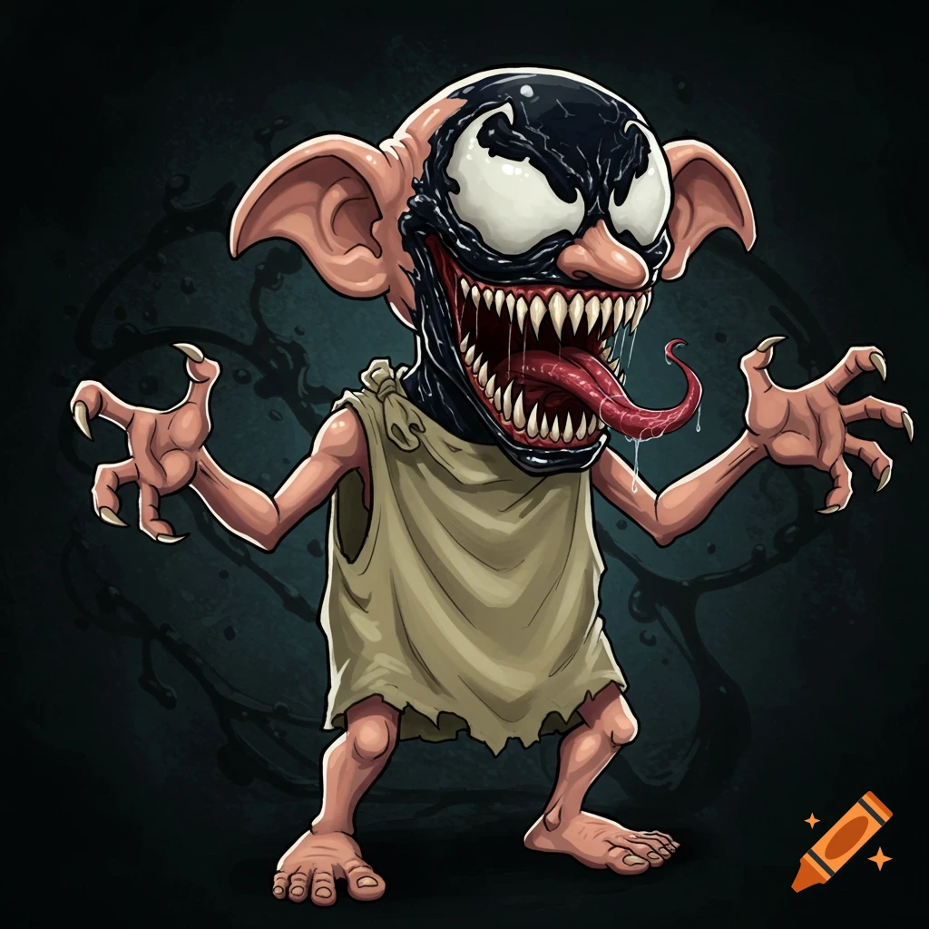 Cartoon illustration of Dobby the house-elf merged with the Venom symbiote.