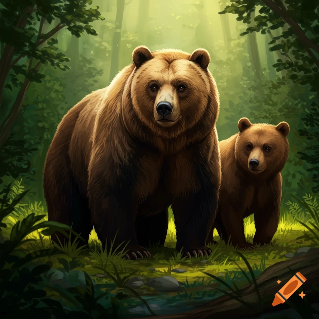 Two bears standing in a sunlit forest clearing, illustrative style.
