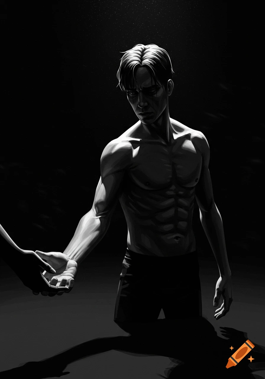 Grayscale illustration of a shirtless man reaching for a hand in dramatic lighting.