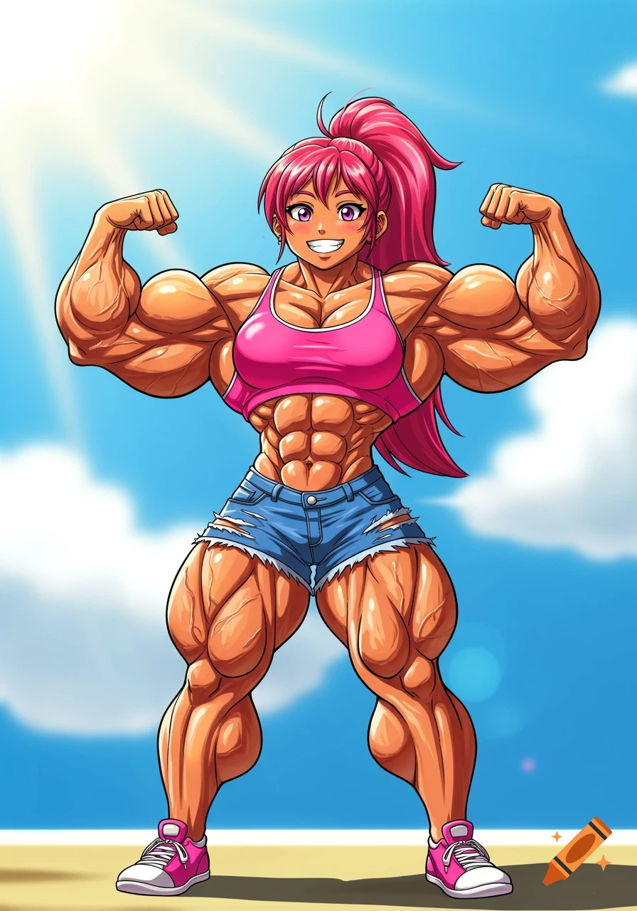 Anime girl with pink hair flexing massive muscles, wearing a pink sports bra and denim shorts.