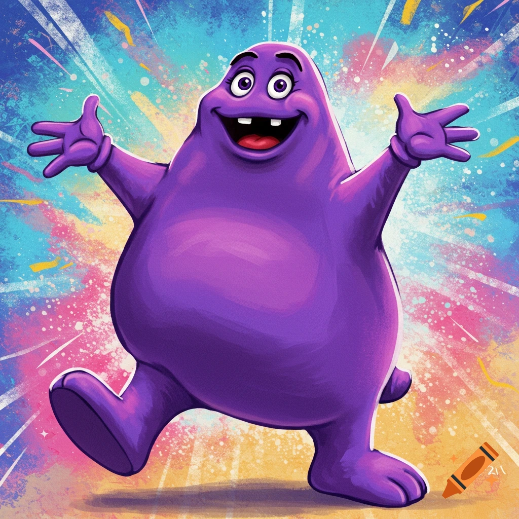 Illustration of Grimace with arms open against a colorful, painterly background.