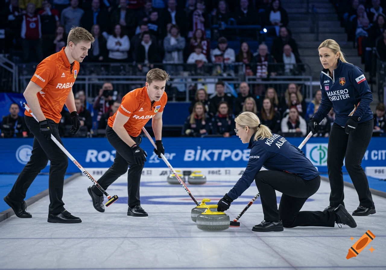 Four athletes play curling on an ice rink in a stadium.