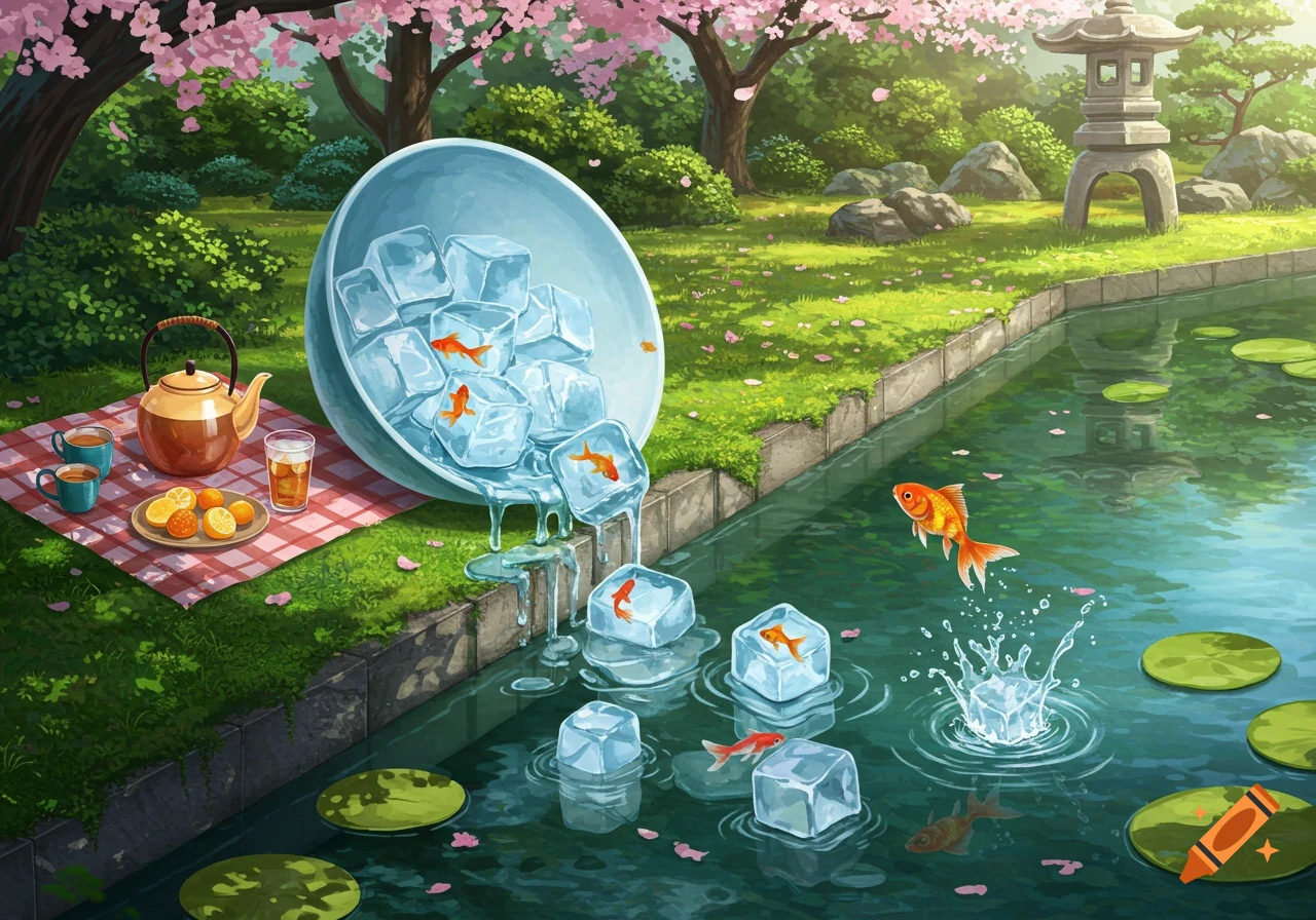 Illustration of a Japanese garden with a koi pond, a picnic, and goldfish melting out of ice cubes into the pond.