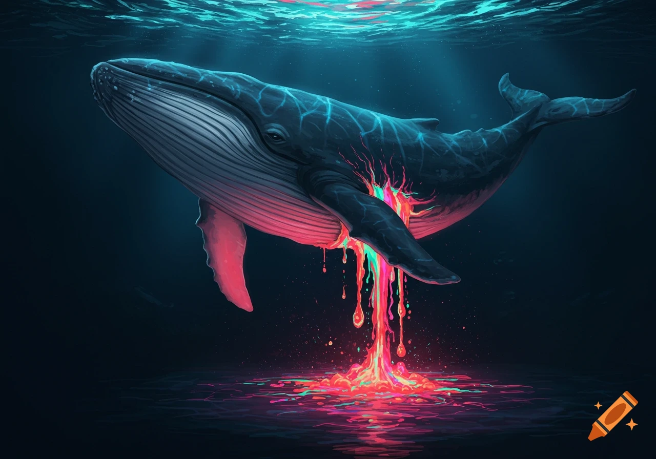 A large blue whale leaks bright, colorful liquid from its side underwater in a stylized illustration.