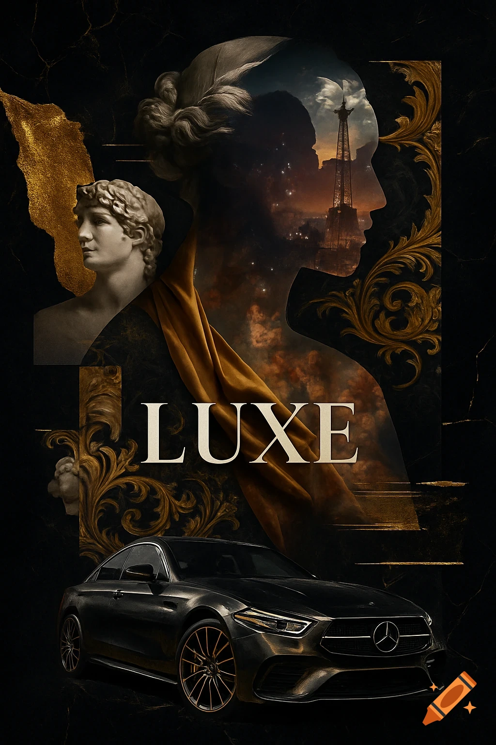Luxury collage with black car, classical sculpture, Eiffel Tower silhouette, gold texture, and 'LUXE' text.