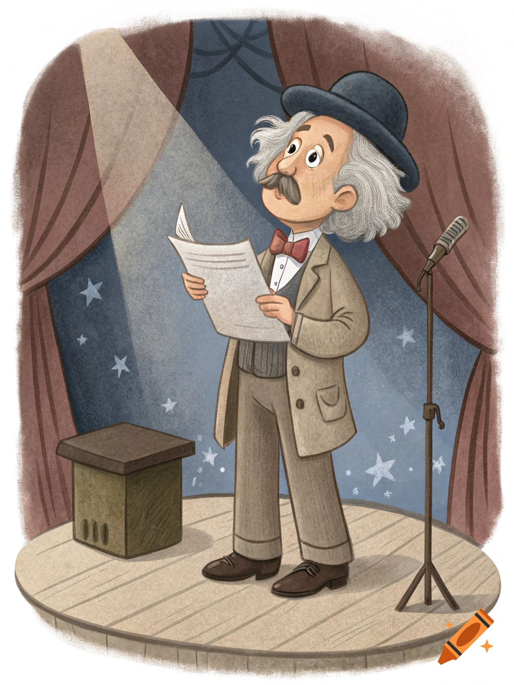 Illustration of a cartoon Albert Einstein on a stage under a spotlight, holding a paper