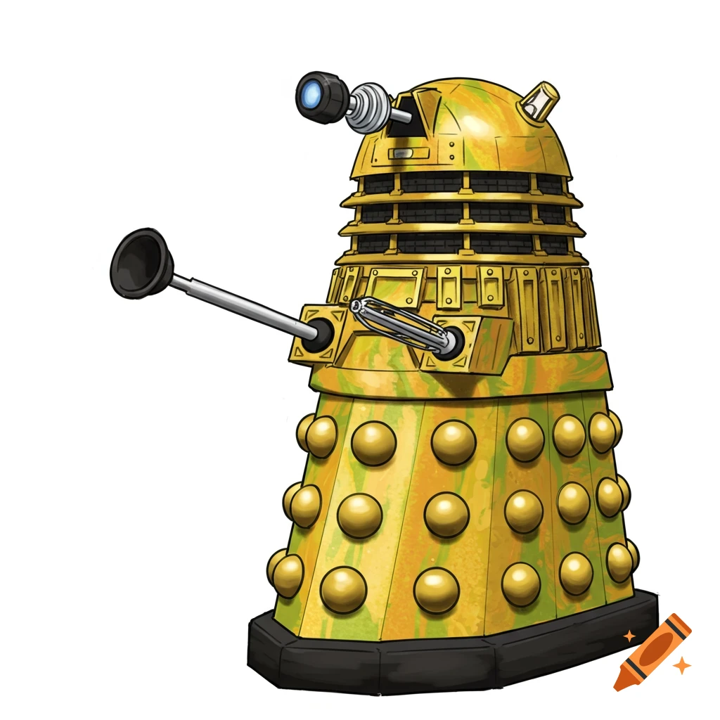 Illustration of a Dalek with a yellow and green textured casing, plunger, and laser.