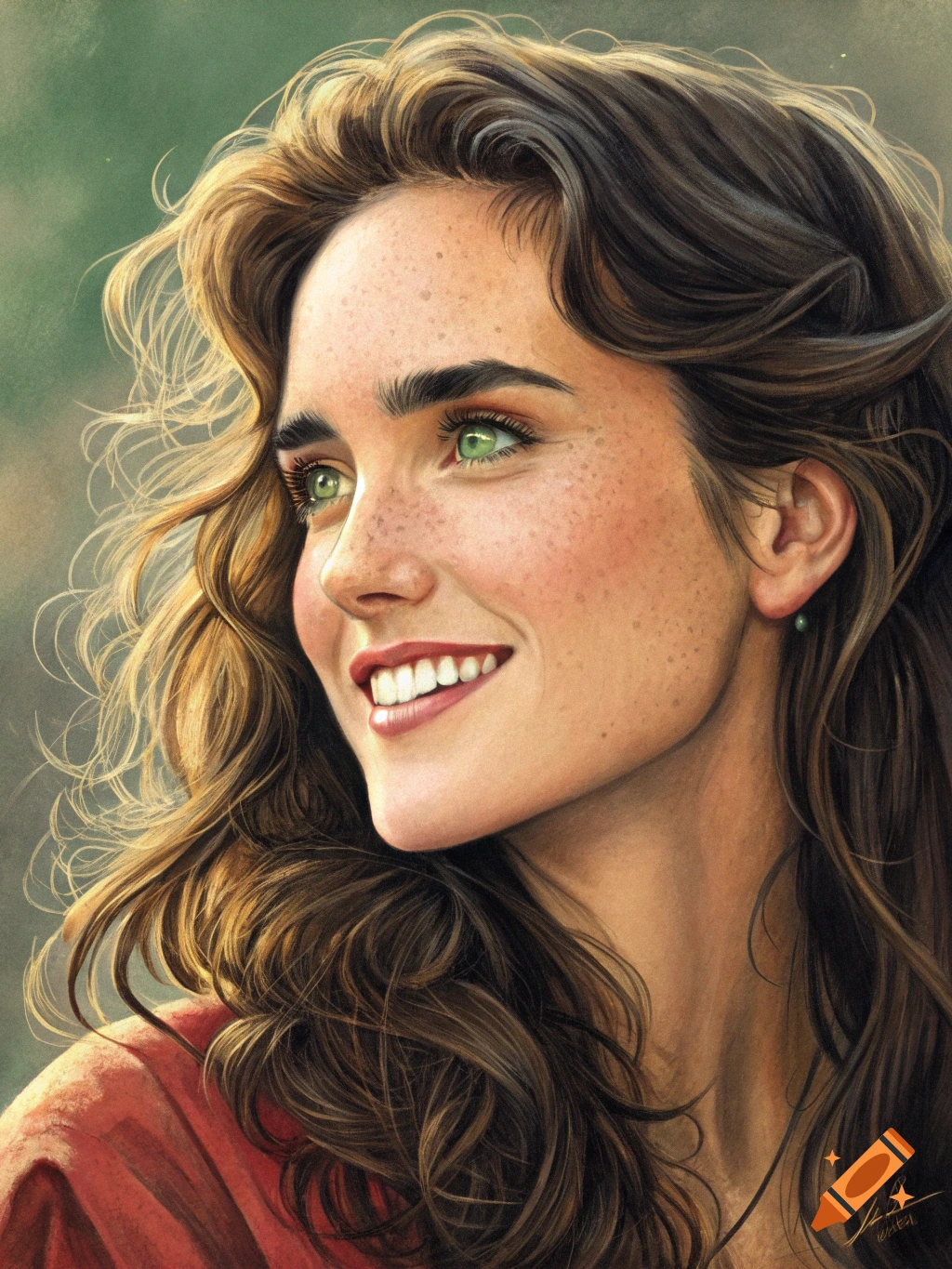 Close-up portrait of a smiling young woman with green eyes and freckles in realistic art style