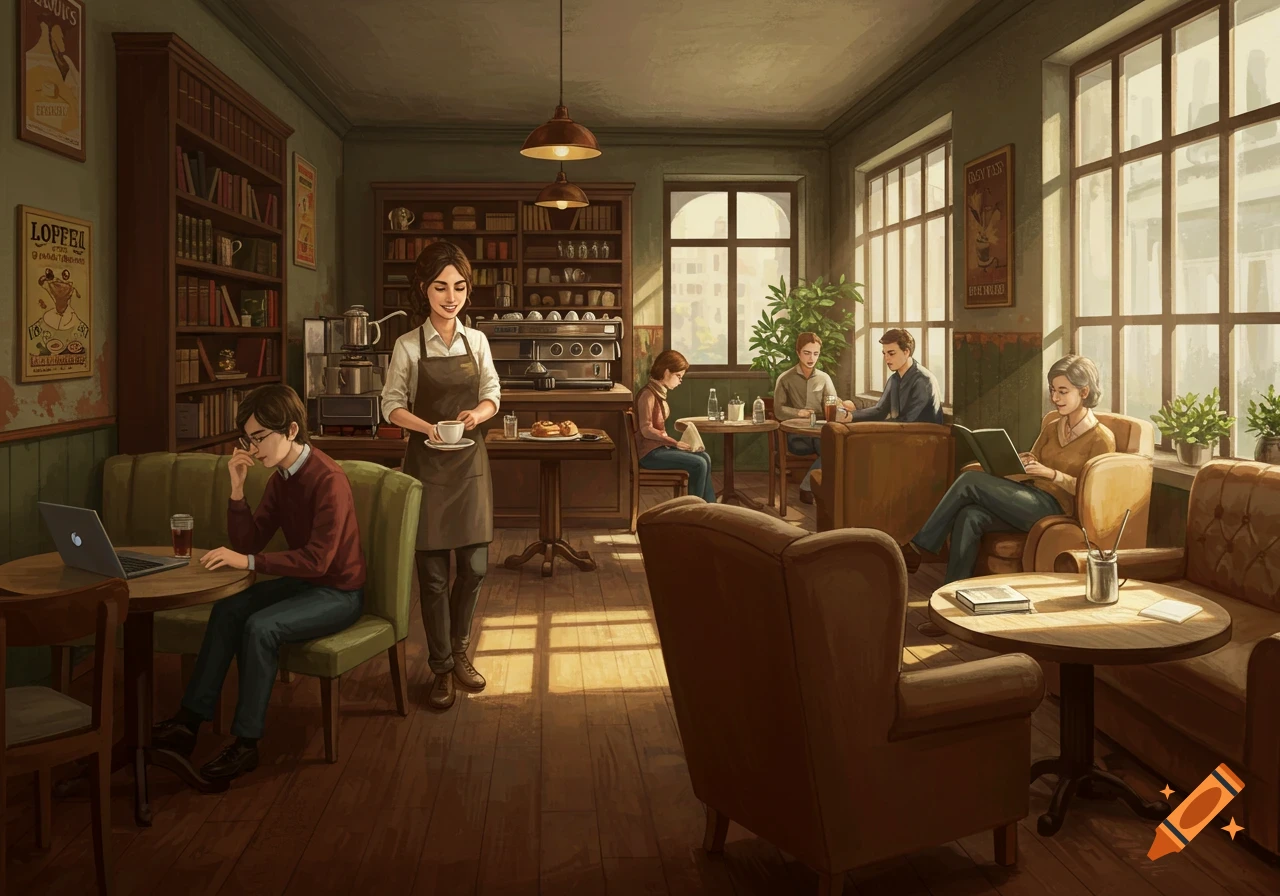 Painterly illustration of a busy coffee shop with people reading, working on laptops, and a barista serving coffee.
