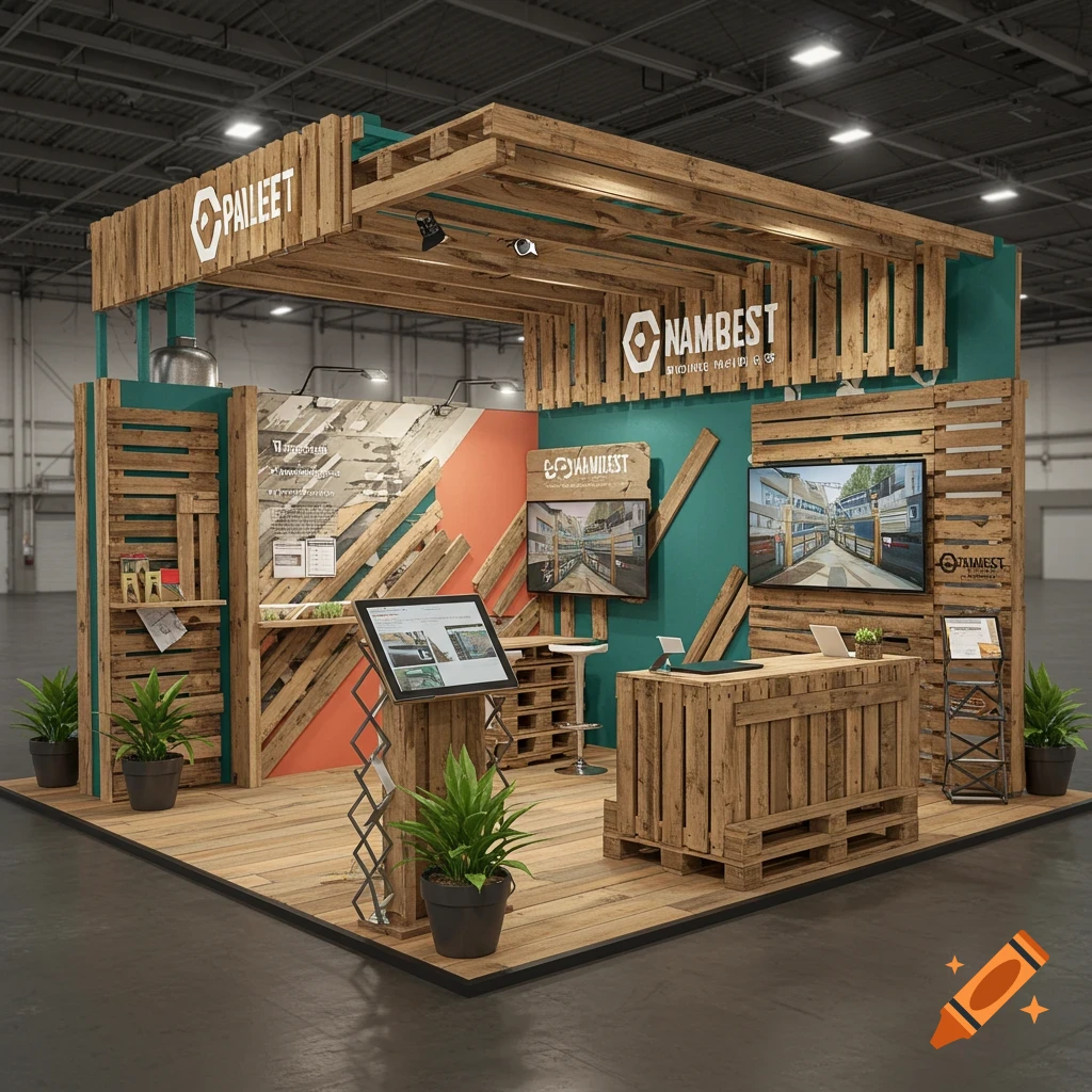 A trade show booth constructed from wood pallets in a large exhibition hall.