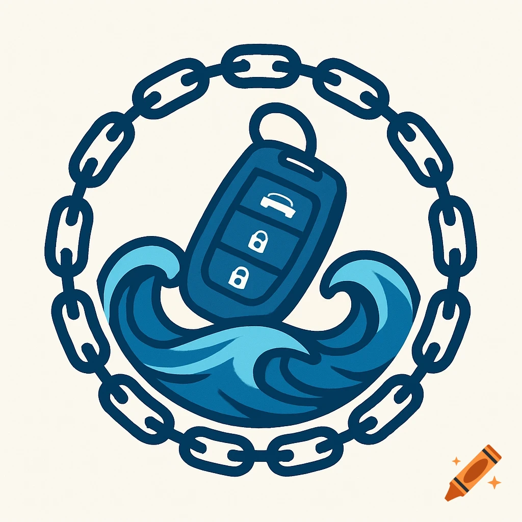 Logo with a car key fob on ocean waves inside a chain circle