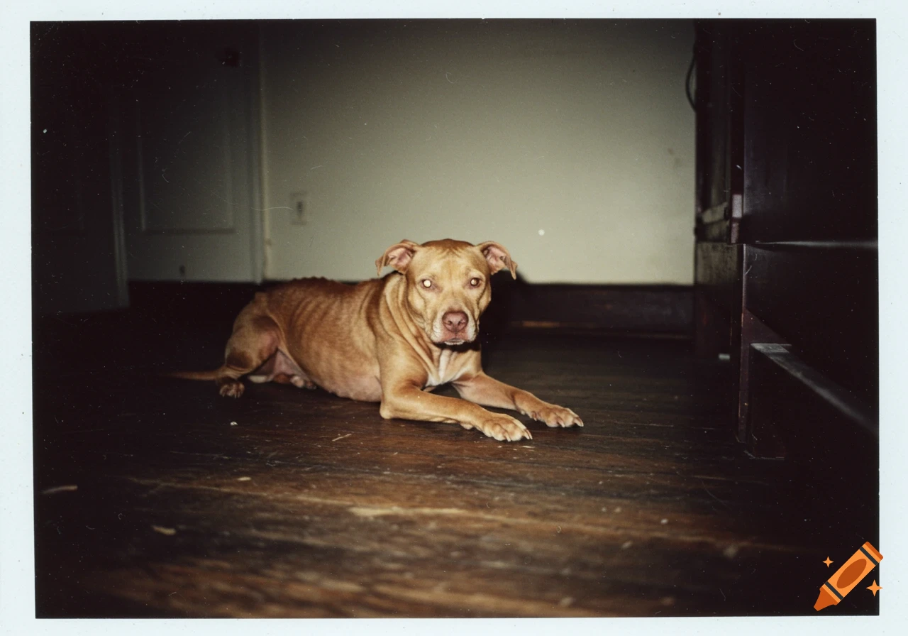A skinny brown pitbull dog lies on a hardwood floor in a vintage polaroid photo.