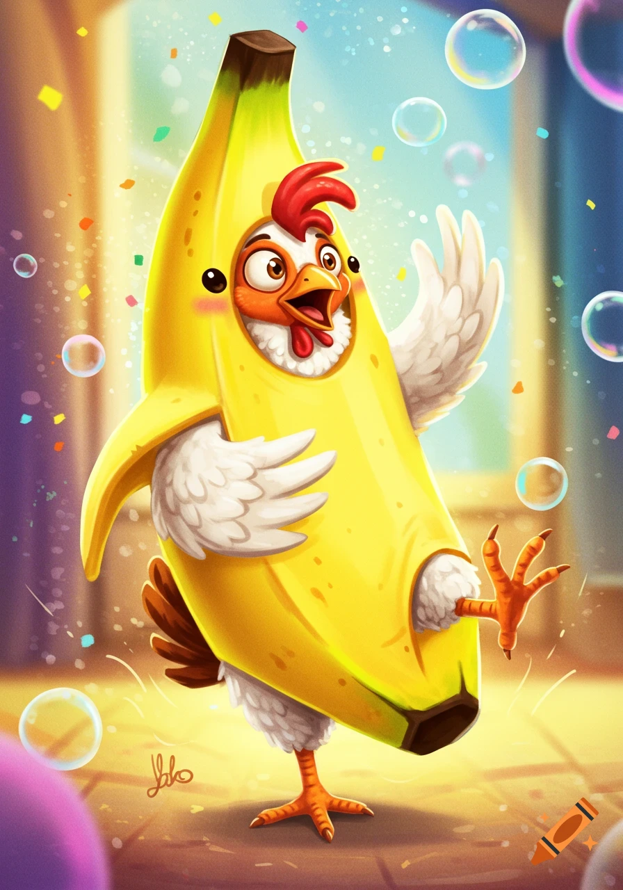 Cartoon chicken in a banana costume dancing happily with bubbles and confetti.