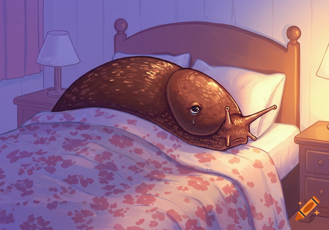 Illustration of a sad slug crying in bed.