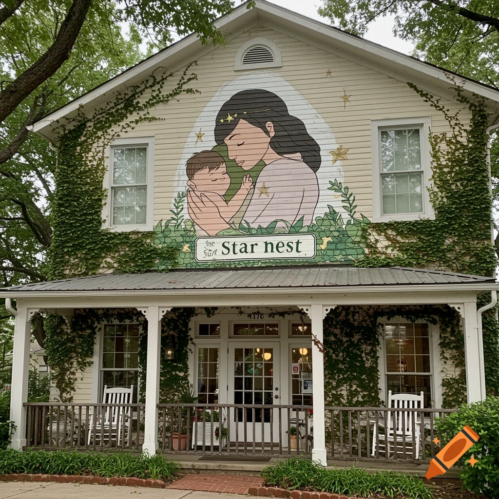 Building with a mural of a mother holding a baby, featuring a porch with rocking chairs and ivy.