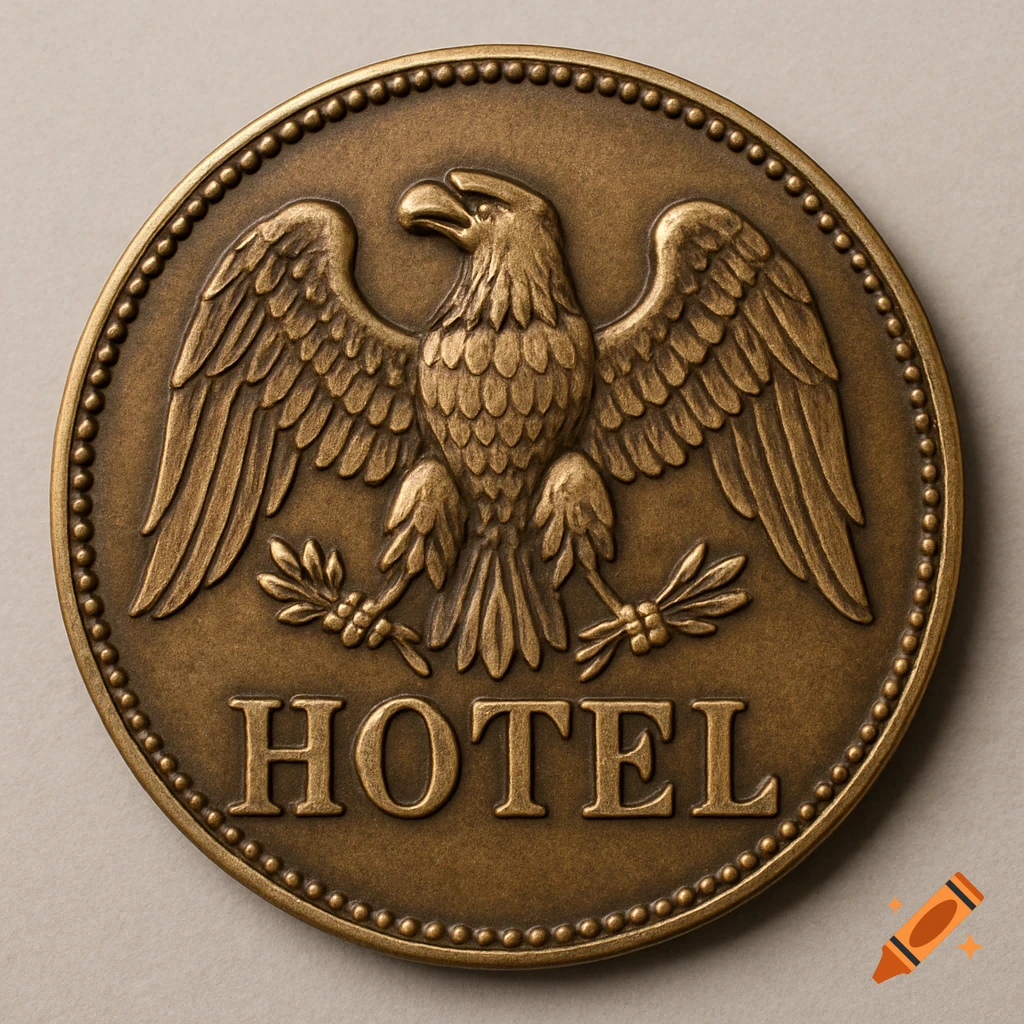 A bronze coin with a raised eagle design and the word HOTEL.