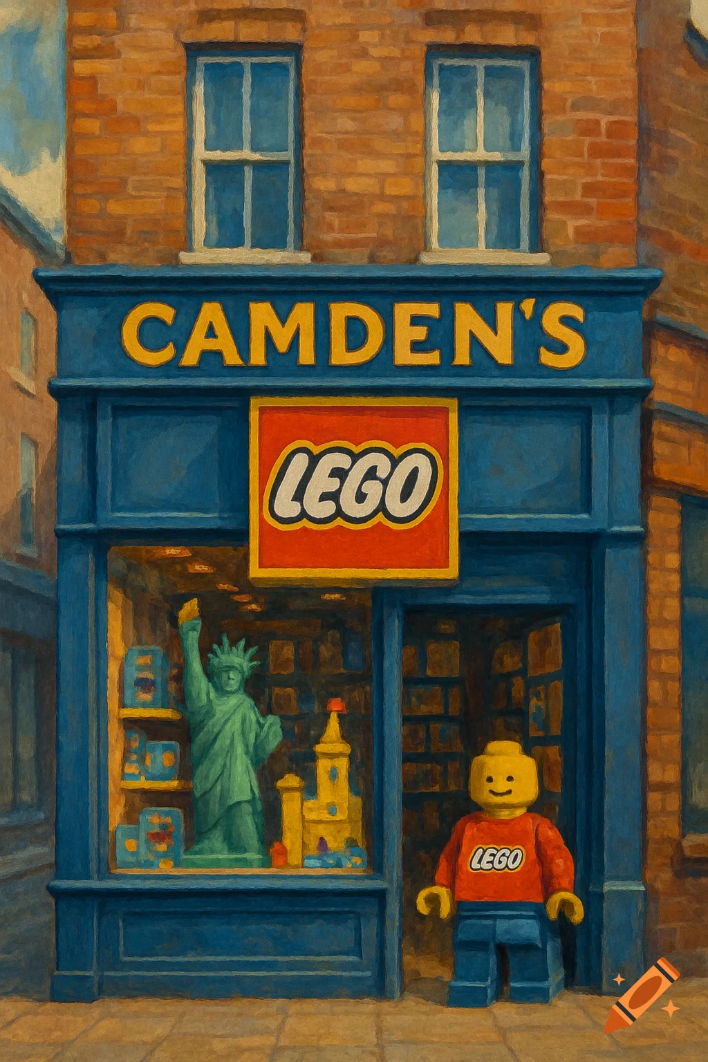 A painting of Camden's Lego shop facade with a Lego figure standing outside.