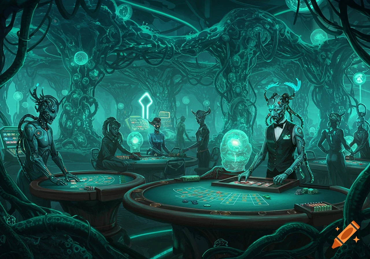 Alien cyborgs gamble in a futuristic bioluminescent casino.