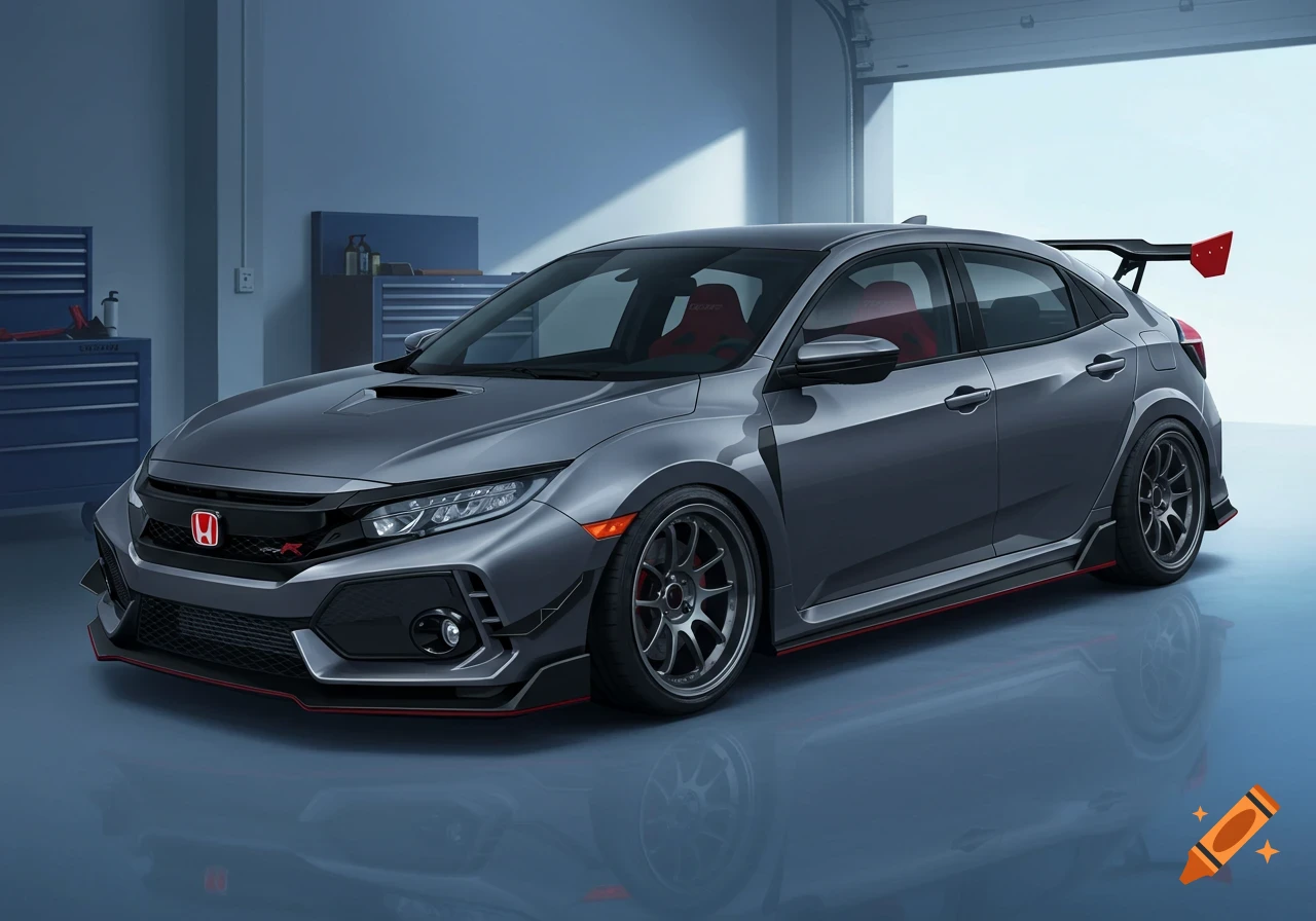 Gray modified Honda Civic Type R parked inside a garage.