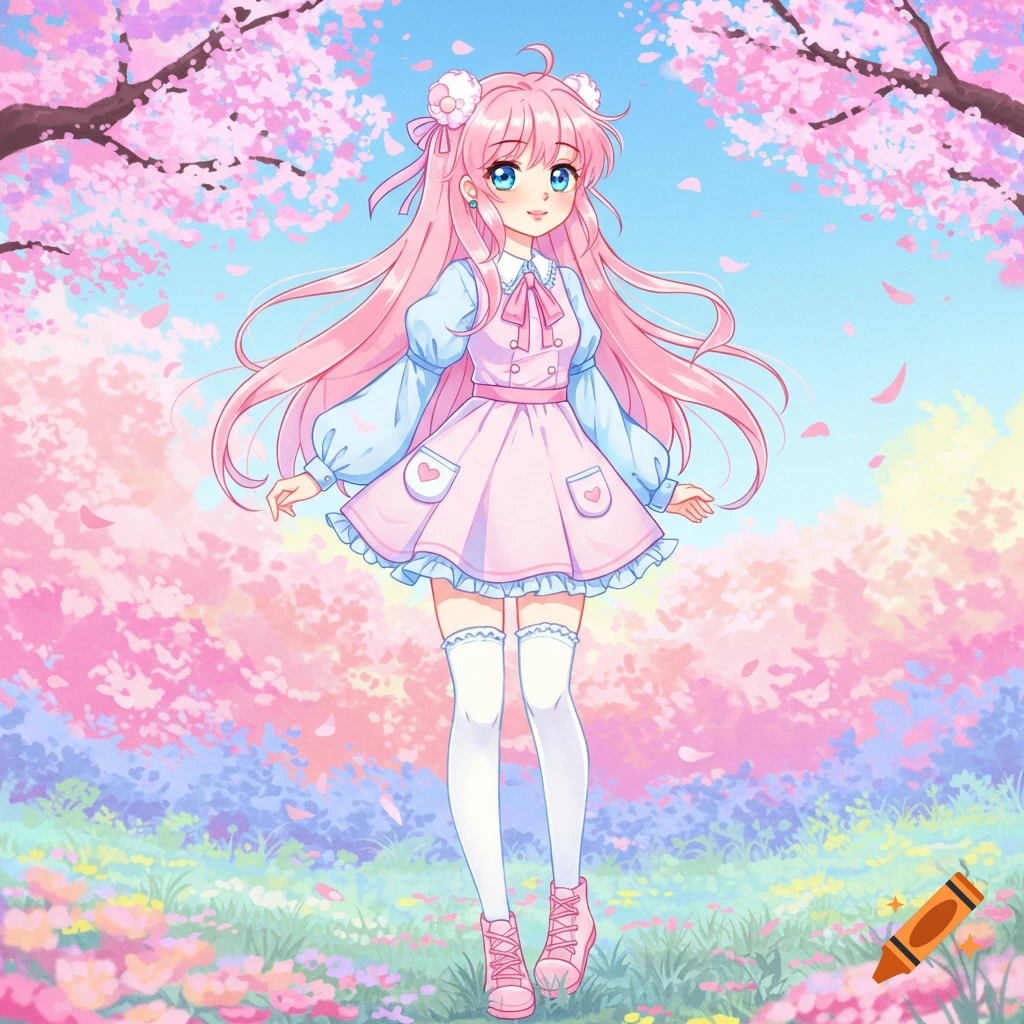A cute anime girl with pink hair and blue eyes in a pink dress stands among cherry blossoms and flowers.