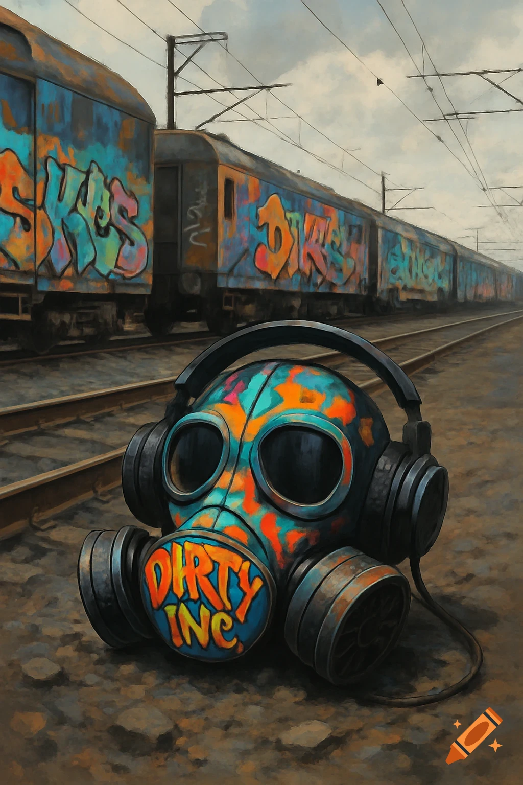 A gas mask with colorful graffiti sits on the ground in front of graffiti-covered train cars at an urban rail yard.