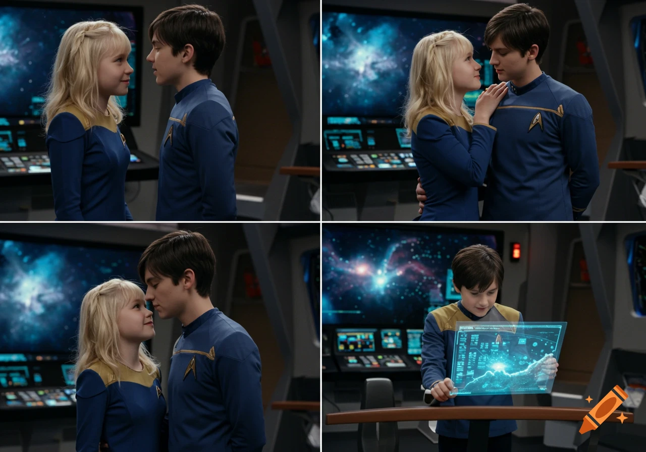 Four photorealistic panels show a young blonde girl and dark-haired boy in Star Trek uniforms on a bridge, interacting and looking at a holographic display.