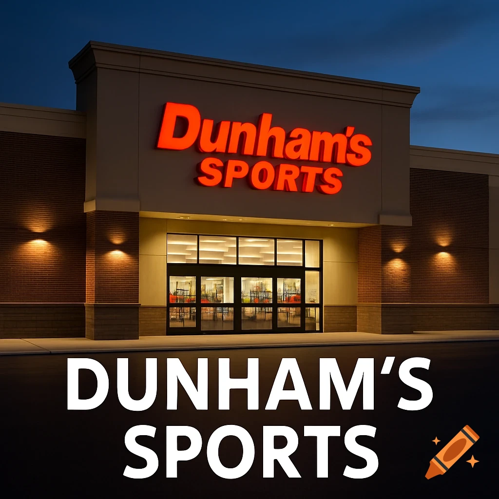 Exterior of a Dunham's Sports store at night with illuminated sign and overlaid text.