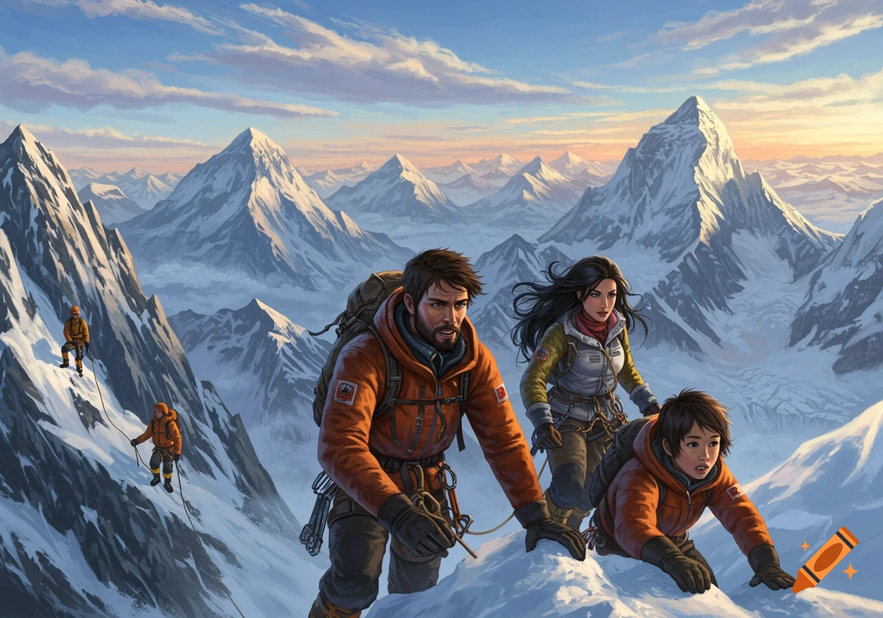 A group of mountain climbers ascend a snowy peak against a backdrop of mountains and clouds.