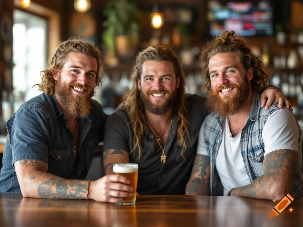 Three smiling bearded men sit at a bar with a beer.