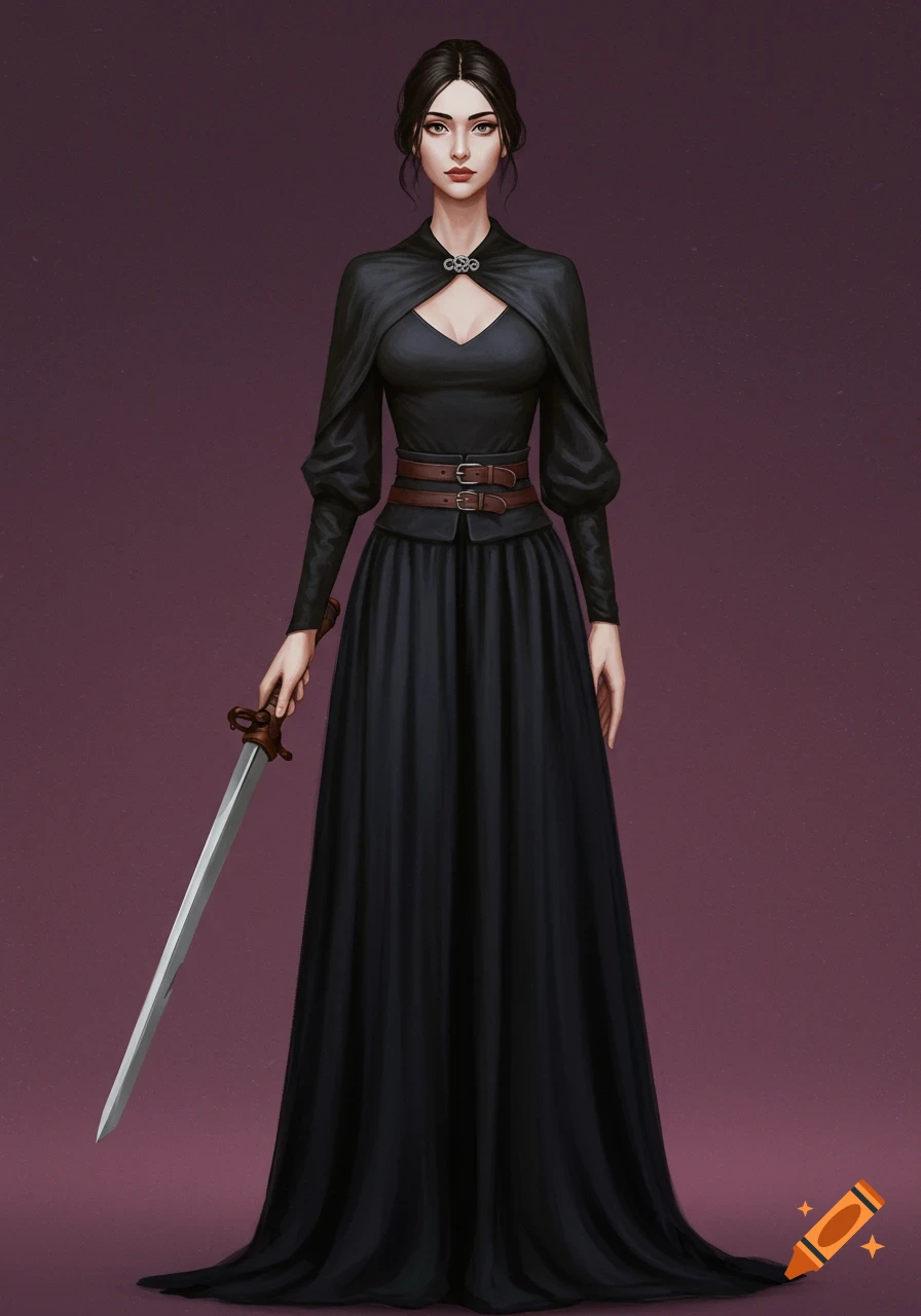A woman in a long black dress and cape holds a sword in a fantasy art style.