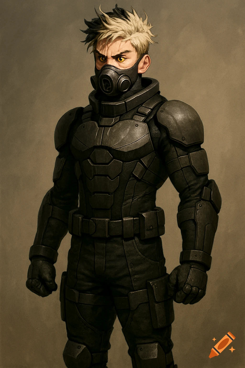 Anime-style portrait of a young man with spiky blond hair, yellow eyes, and a gas mask, wearing black tactical armor.