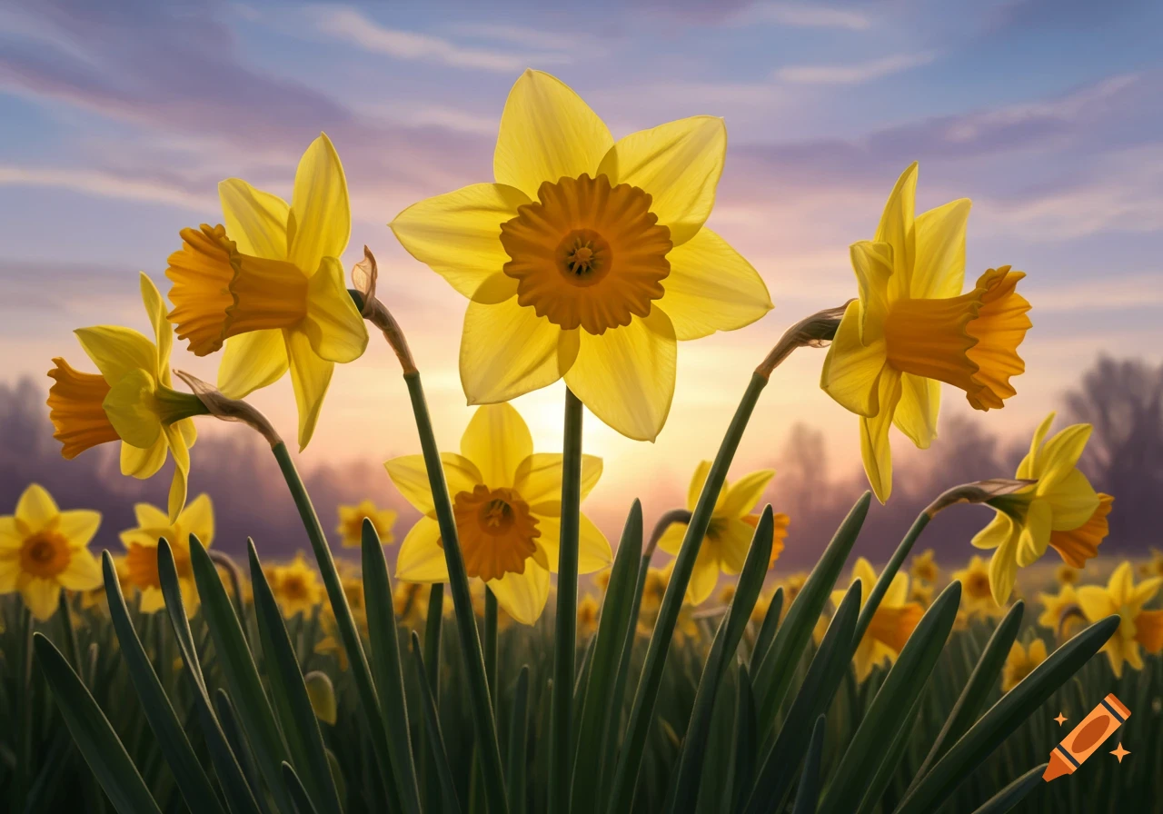 Close-up of bright yellow daffodils in a field with a sunset sky.