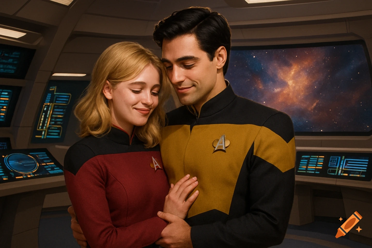 Photorealistic portrait of a blonde woman and a dark-haired man in Star Trek uniforms embracing on a starship bridge.