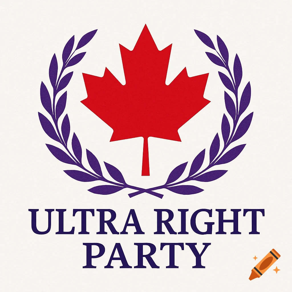 A red Canadian maple leaf inside a purple laurel wreath with the text 'ULTRA RIGHT PARTY' below it.