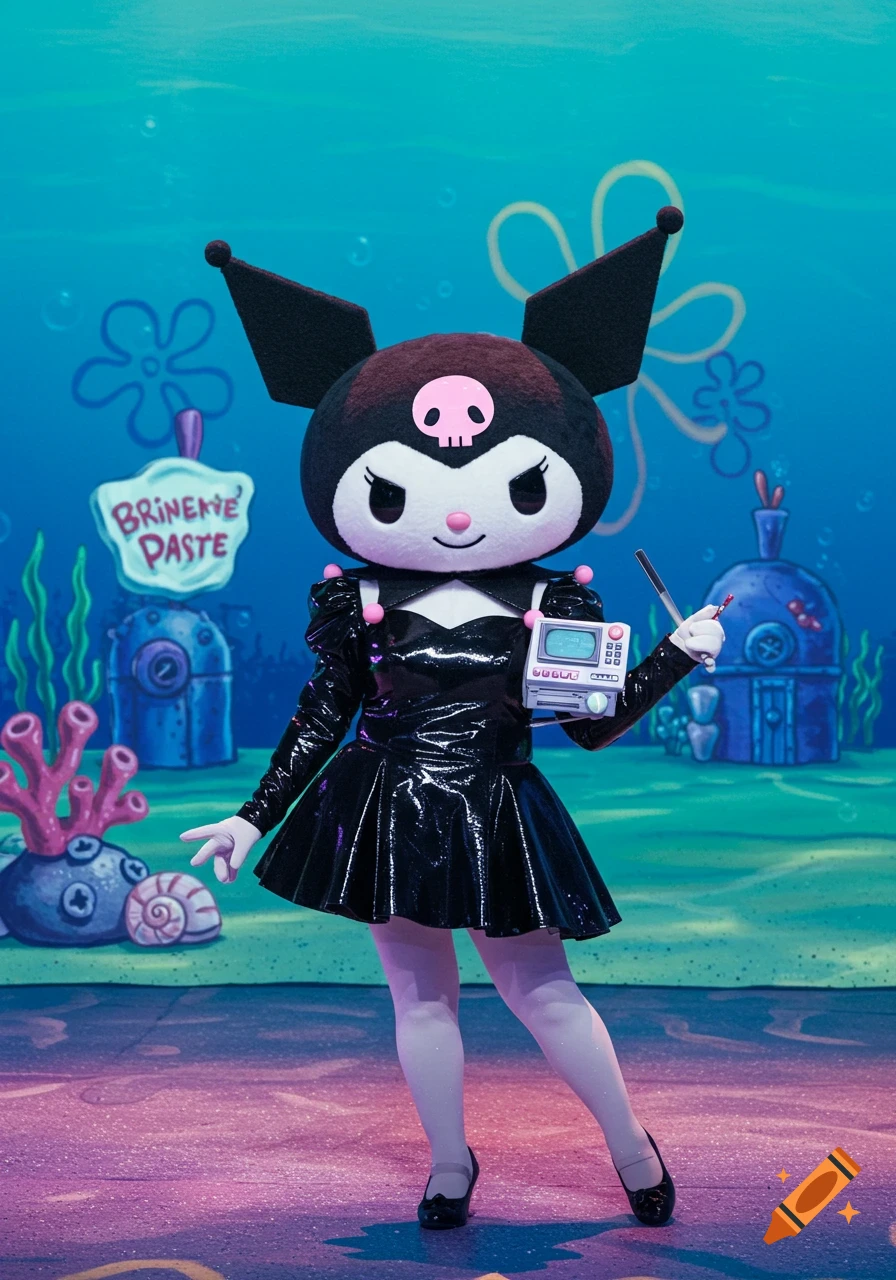 A person in a Kuromi costume dressed as Karen from Spongebob stands on a stage with a sign that says "Brinene Paste".