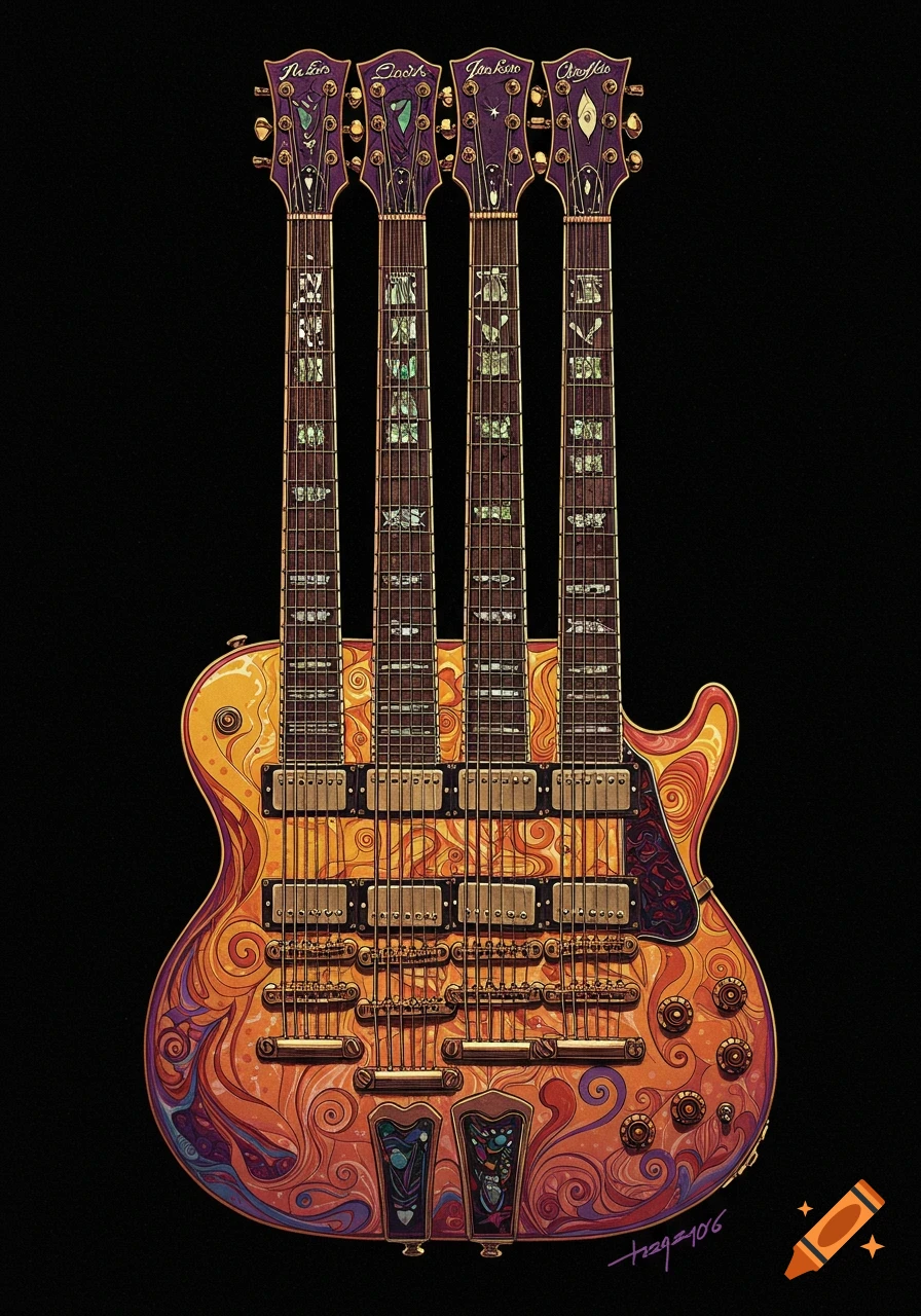 A detailed illustration of a four-neck guitar with intricate orange and purple swirling patterns on a black background.