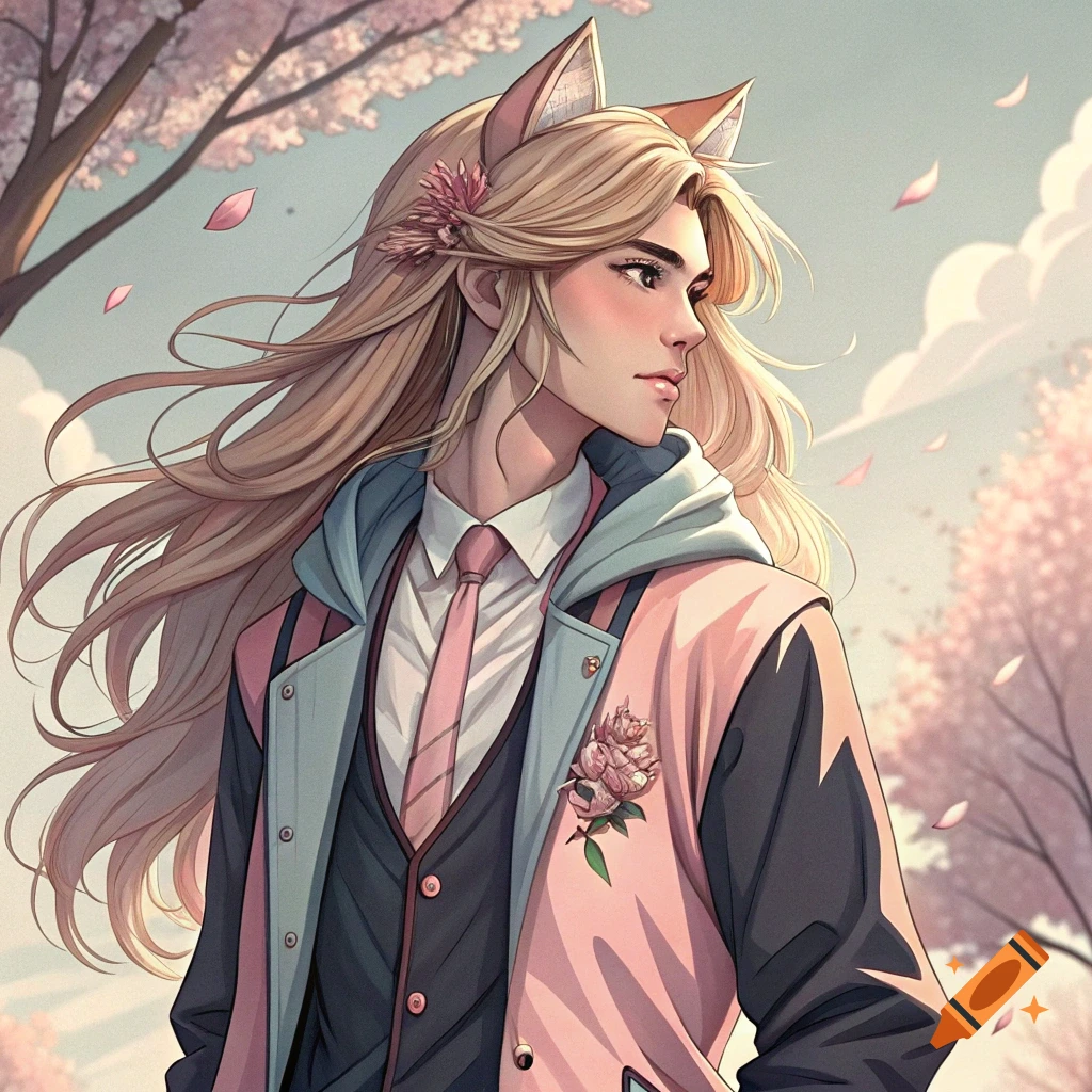 Anime portrait of person with cat ears, blonde hair, suit jacket, among cherry blossoms.