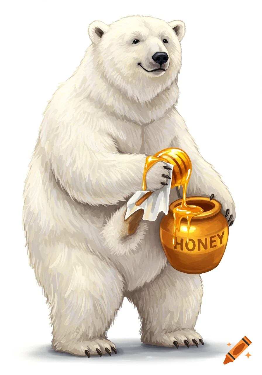 Illustration of a polar bear holding a pot of honey and a dripping dipper.