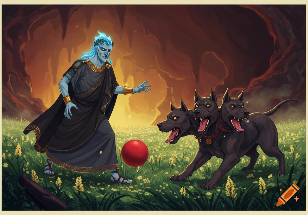 Hades, the Greek god, plays fetch with his three-headed dog, Cerberus, in a glow lit cave.
