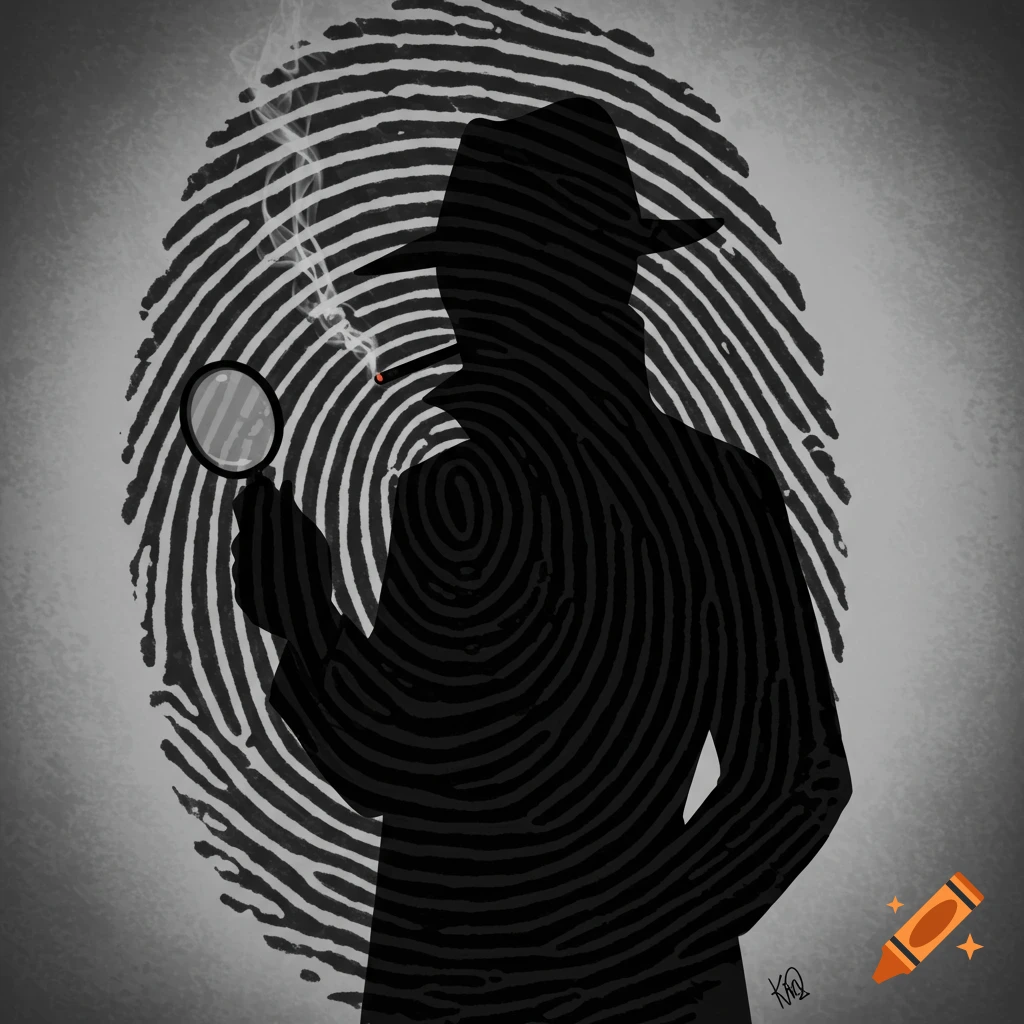 Silhouette of a detective with a magnifying glass against a large fingerprint background.