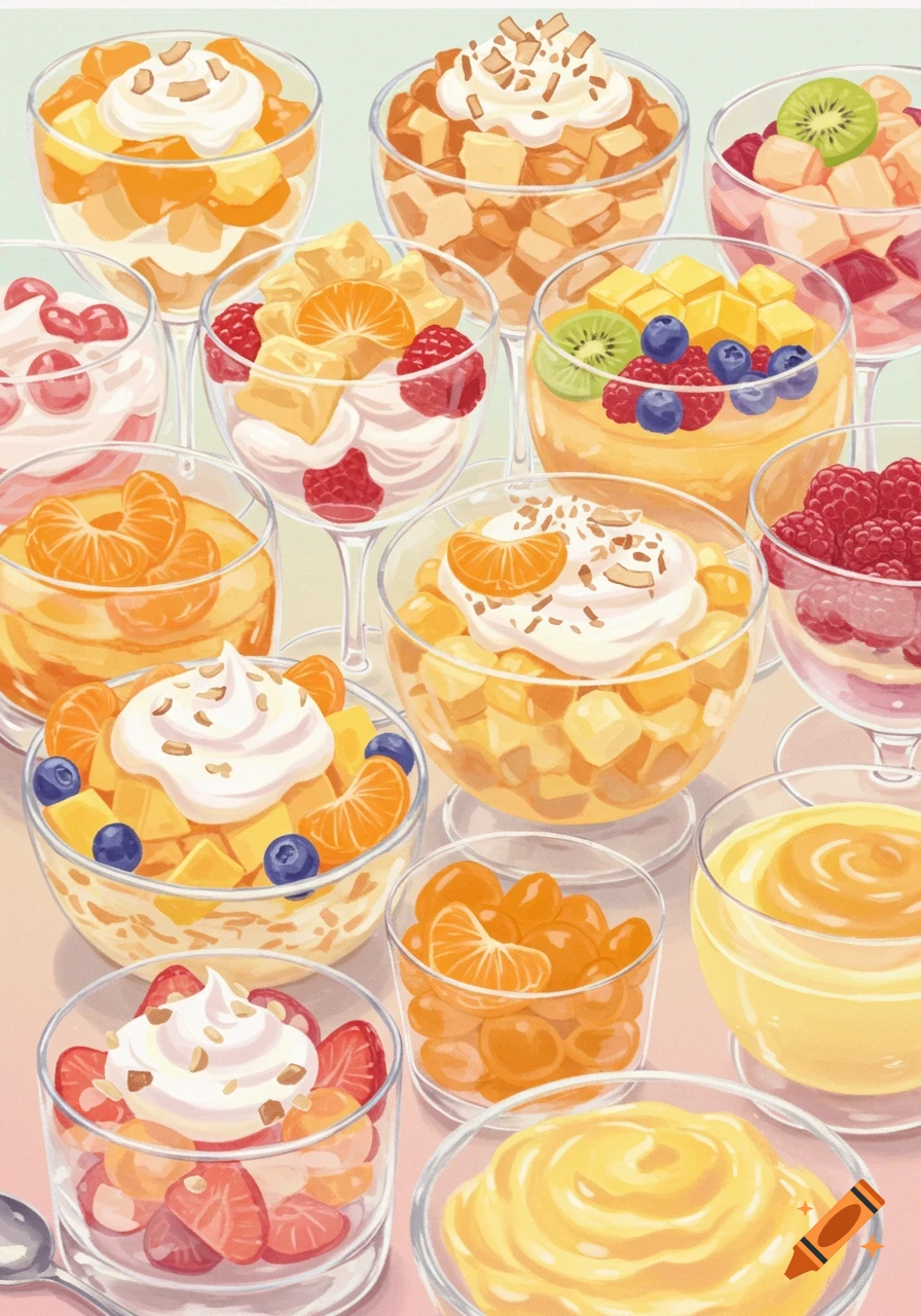 Illustration of various fruit desserts in glasses with whipped cream